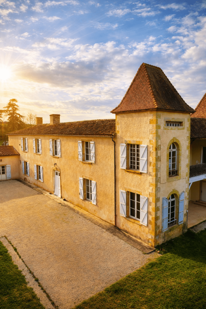 Bastide française et sa tour au soleil couchant Château ou bastide française ocre sous un soleil éclatant. La tour et les volets bleus dominent la cour en gravier au crépuscule.