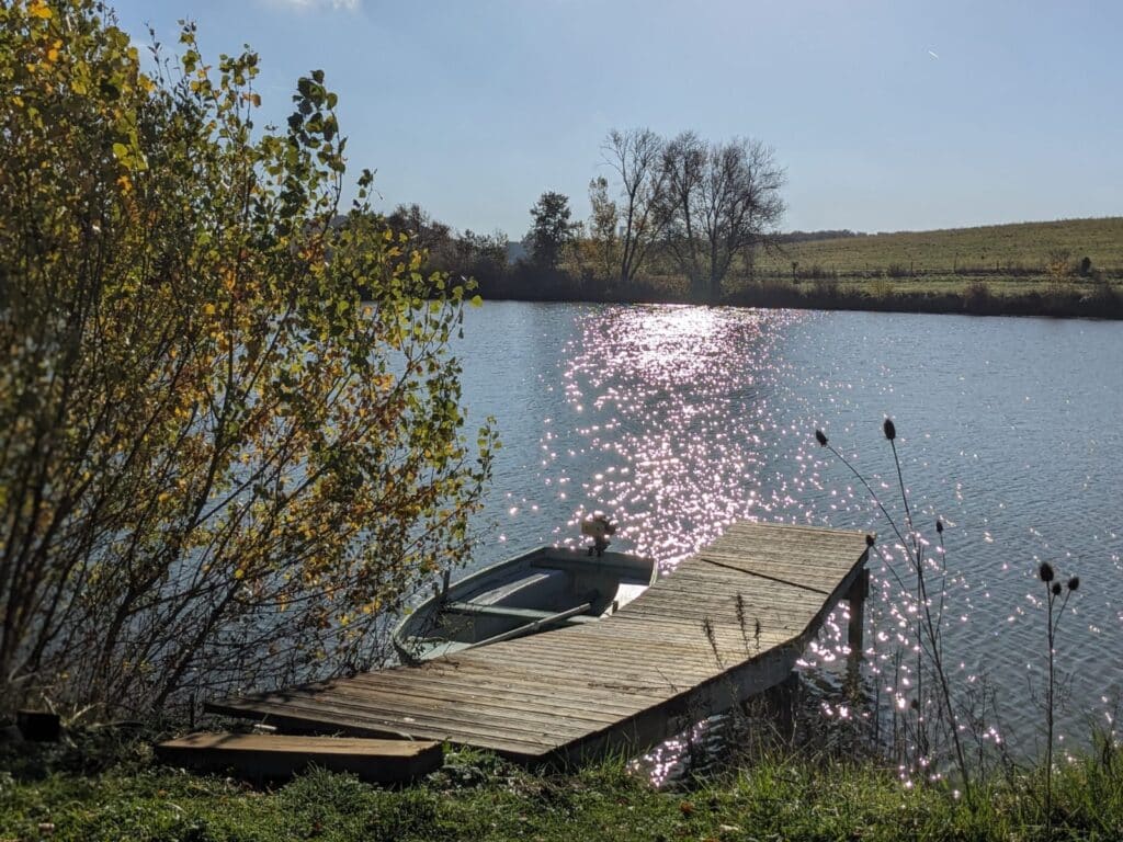 Reflets dorés : Ponton et barque sur l'étang ensoleillé Étang ensoleillé d'automne: ponton de bois, petite barque amarrée. L'eau scintille, bordée par des arbres et des collines vertes.