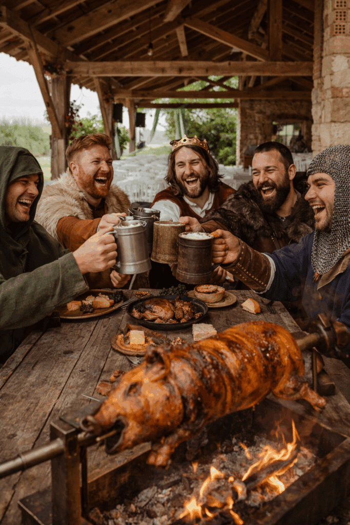 Festin médiéval: Rires de rois et chevaliers autour du rôti. Cinq hommes, dont un roi et un chevalier, rient joyeusement en trinquant avec des chopes en métal et bois. Festin médiéval avec cochon de lait rôti.