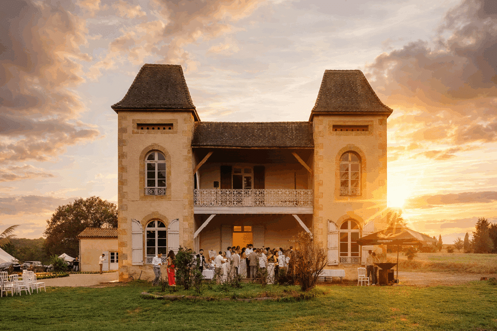 Mariage au château: réception féerique à l'heure dorée. Château aux deux tours sous un coucher de soleil flamboyant. Des invités en tenue de fête sont rassemblés sur les marches et le balcon central.