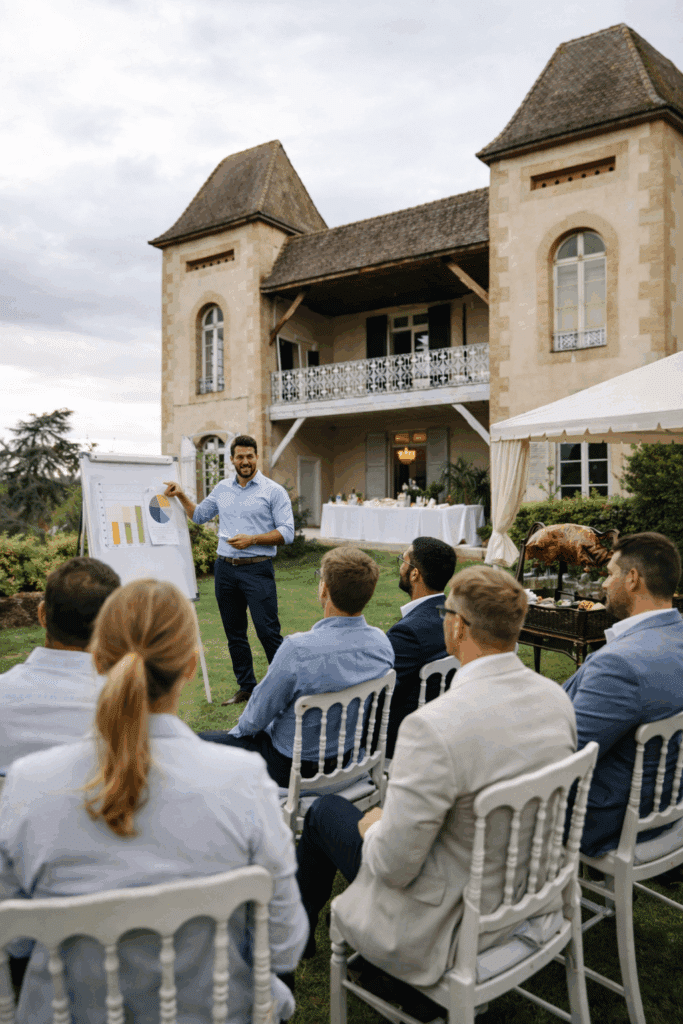 Séminaire extérieur luxe : Présentation devant un château Séminaire professionnel extérieur : un orateur présente des graphiques devant un public dans le jardin d'un château. Buffet avec cochon rôti.