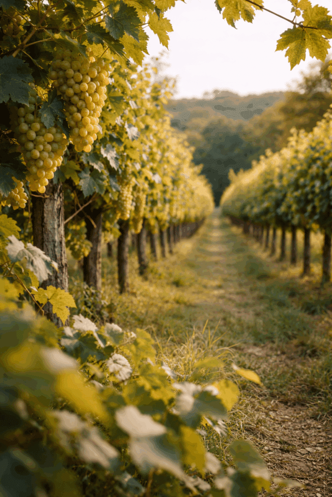 Vignoble : Raisin blanc mûr, allée dorée au soleil couchant. Grappes de raisin blanc mûr, éclairées par une lumière dorée. Vue en perspective d'une allée de vignoble verdoyant.